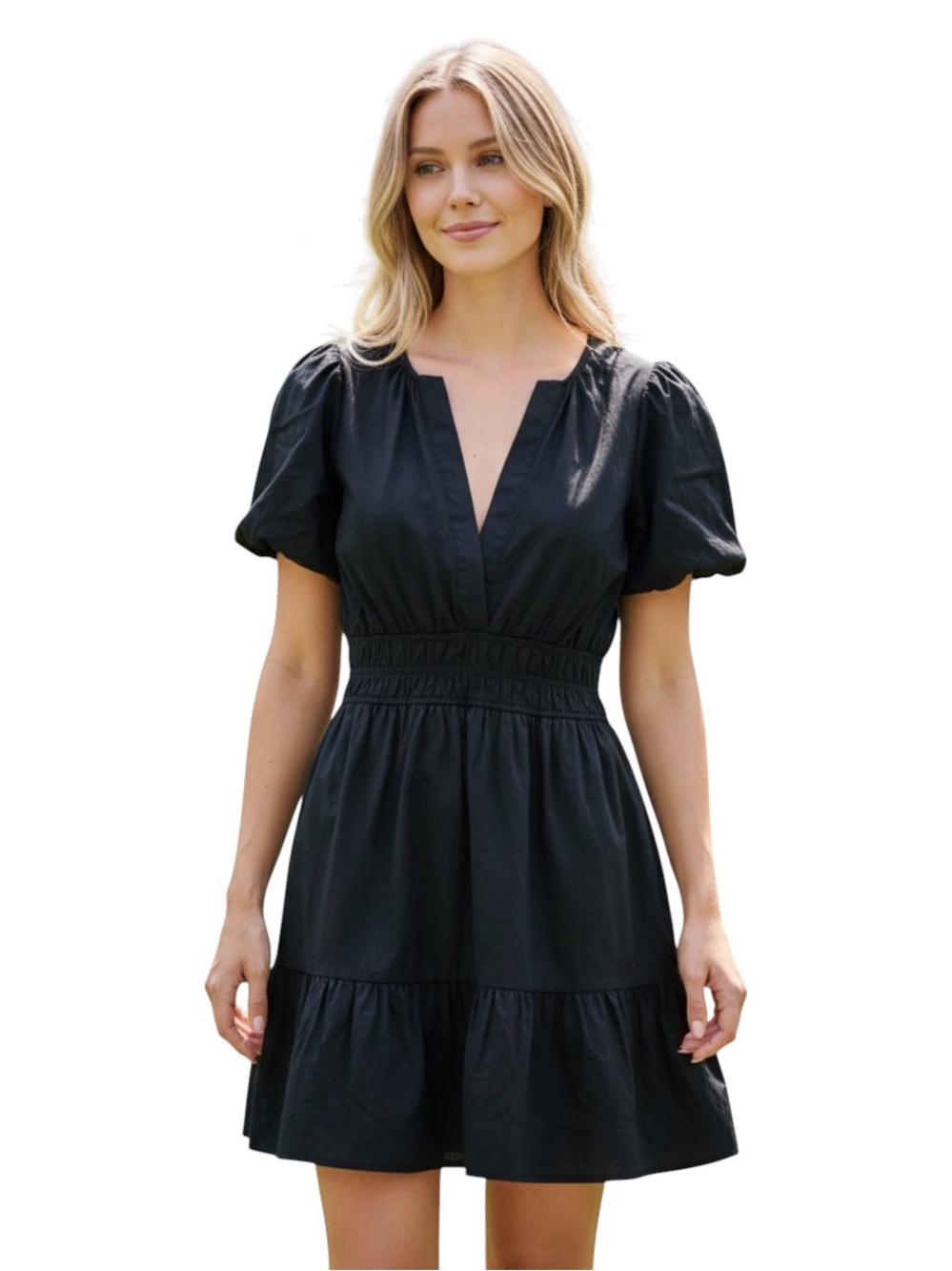 Anthropologie Black Puff Sleeve Smocked-Waist Mini Dress